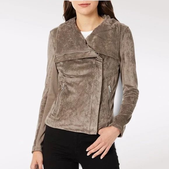 SL8 Faux Suede Leather Casual Chic Asymmetrical Zip Moto Jacket Taupe Medium - Picture 2 of 11